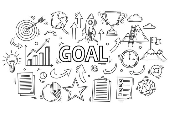 Hand-drawn success concepts with arrows charts trophies lightbulb and goal themes