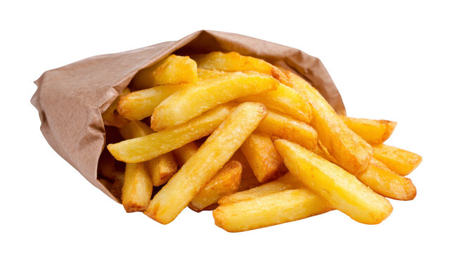 Crispy golden french fries spilling from brown paper bag, delicious and hot, perfect for snack or side dish, evoking comfort and satisfaction