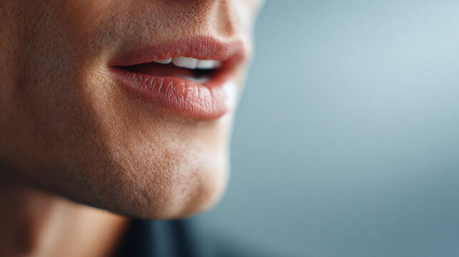 Closeup of a talking mans mouth. Suggests communication, expression, or speech. Soft focus. Ideal for articles about voice, language, public speaking, or dental hygiene.