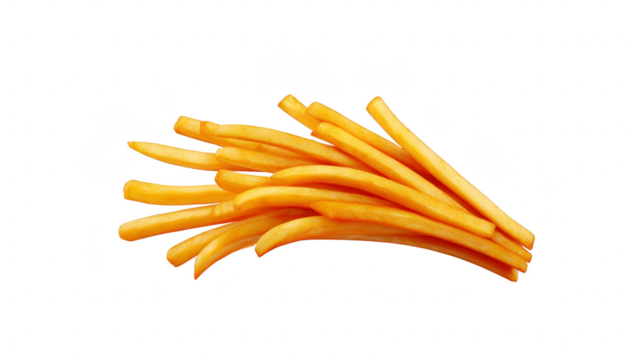 Crispy golden french fries arranged in pile, isolated on transparency background, showcasing delicious fast food snack with tempting and appetizing appearance