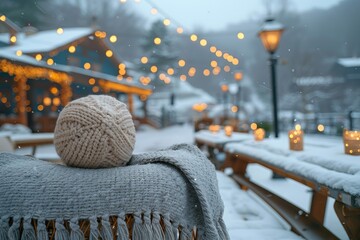 Cozy winter scene with warm lights and a knitted hat on a snowy day in a charming mountain village