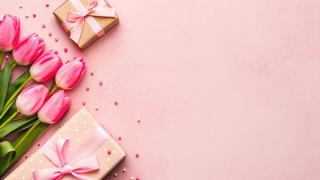 Delicate pink tulips are arranged next to two beautifully wrapped gifts on a soft pink background.