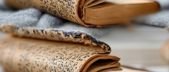 Close-up view of an old, worn book with yellowed pages revealing the beauty of age and weathering in documents and literature