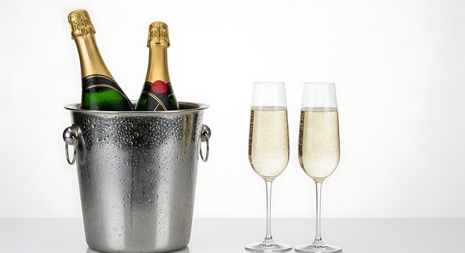 Two bottles of champagne in a silver ice bucket next to two flutes filled with champagne, isolated on white