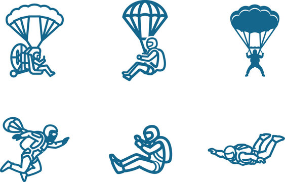 Set of parachuting sports flat icons skydiving silhouettes adventure extreme activity concept skydiver icons with parachutes for sport or hobbies vector illustration