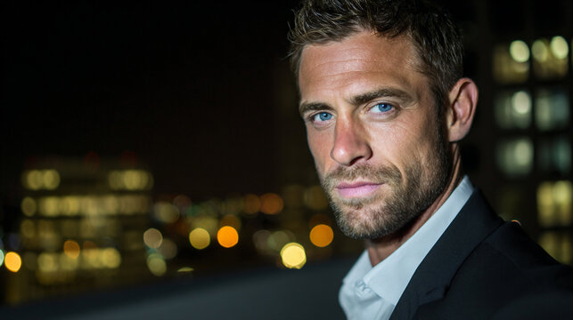 Attractive Young Billionaire in an Expensive Suit Standing on a City Rooftop at Night