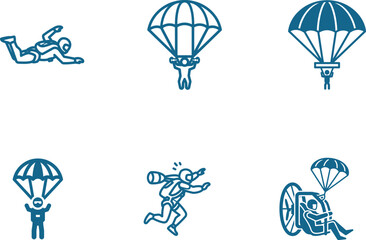 Skydiving and Parachuting Icons Set Depicting Various Stages and Styles of Aerial Descent and Activities for Extreme Sports Enthusiasts