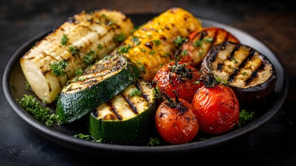 Grilled mixed seasonal vegetables served attractively on a dark platter with herbs
