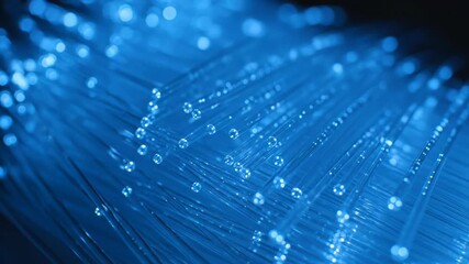 Close up of optical fibers glowing with blue light, technology abstract