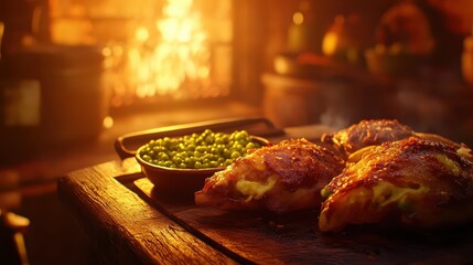 A British Fish and Chips Meal Presented on a Wooden Board