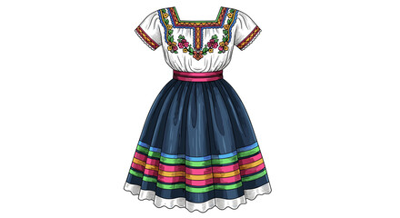 Traditional Mexican dress with colorful embroidery and striped skirt  