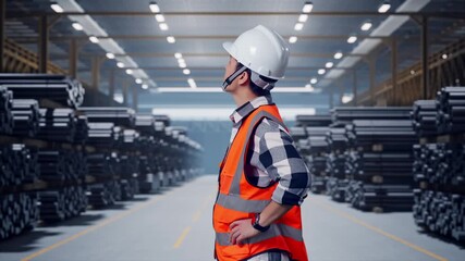 Side View Of Asian Male Engineer Wearing Safety Helmet Looking Around While Standing With Arms Akimbo at Warehouse of Rolled Steel Metal Bars, Rods or Billets