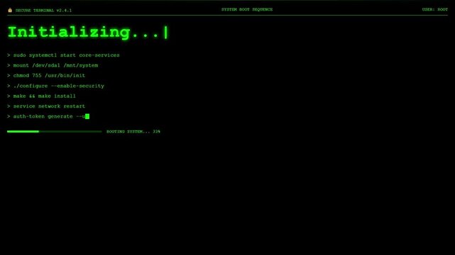 Futuristic System Boot Sequence Animation &ndash; Green Tech Terminal UI Loading Screen.