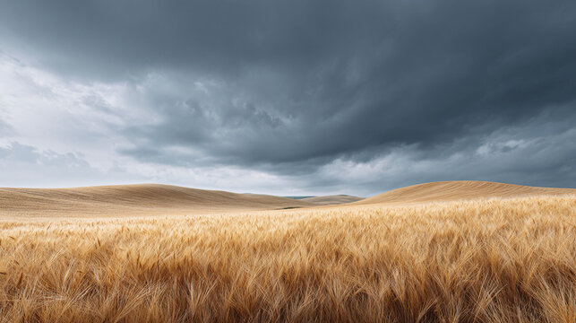 Golden wheat field under a dramatic, stormy sky. Evokes nature, agriculture, and resilience. Perfect for editorials, blogs, or advertisements.