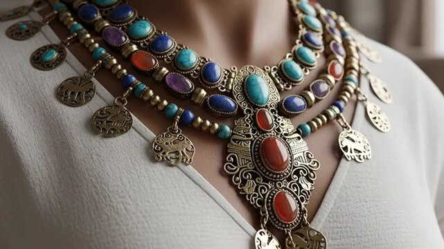 Exquisite Bohemian Multilayered Necklace Adorned with Turquoise and Coral Gemstones.