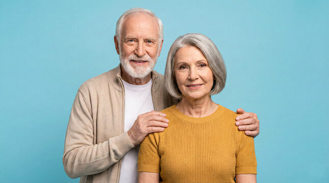 Portrait of happy senior couple smiling together on blue background. Loving elderly husband and wife looking at camera. - Powered by Adobe