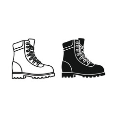 Black and white illustration of a pair of rugged hiking boots on a white background