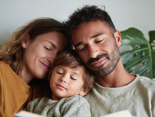 Fototapeta premium Intimate family moment parents lovingly embrace their sleepy child while reading. Evokes warmth, security, and the power of storytelling. Great for lifestyle, parenting content.