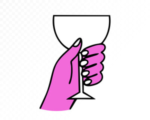 Minimalist hand holding wine glass in bold pink style, modern feminine celebration design with clean lines and festive mood on transparent background. Vector illustration.