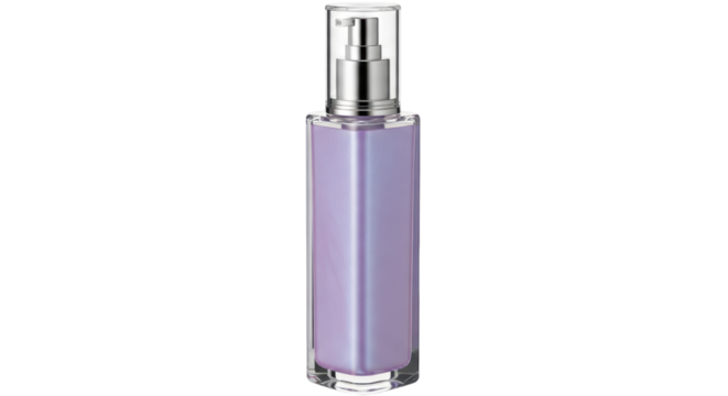 Elegant purple cosmetic bottle with pump isolated PNG, skincare product on transparent background for beauty and personal care mockups