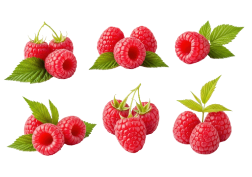 Plump, glistening vivid red raspberries and fresh green leaves meticulously isolated on a pristine, almost off-white, transparent background with copy space, studio shot. Healthy fruit concept