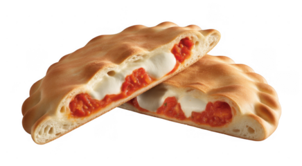 Two halves of a calzone filled with tomato and mozzarella cheese isolated on a transparent background