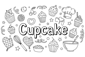 Cupcake-themed coloring page with baking tools and sweets illustrations