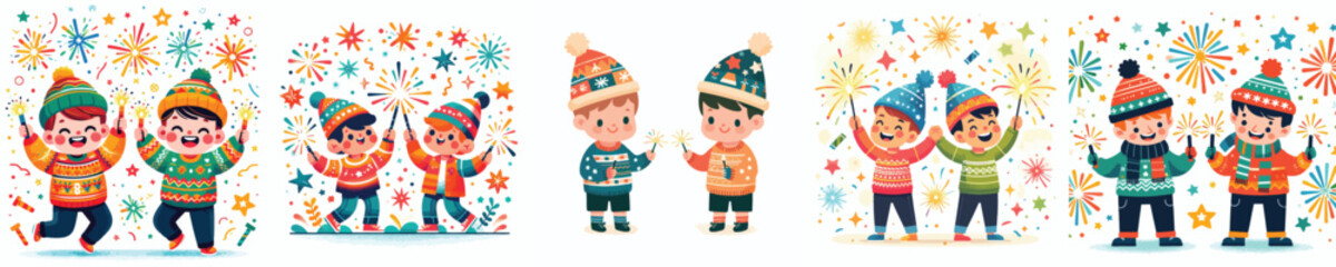 vector two children playing fireworks new year celebration
