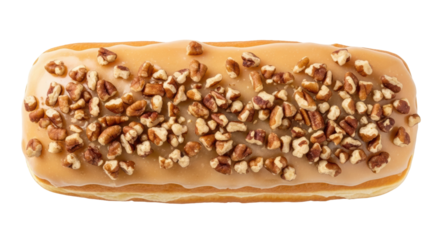 Delicious maple glazed donut with pecan toppings isolated PNG, sweet dessert for breakfast or snack on transparent background