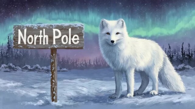 cute polar fox in snowy winter landscape at north pole illustrated animation