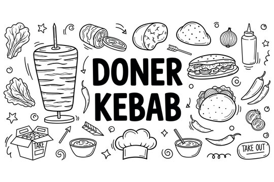 Doner kebab elements in black and white: spices, sauces, and ingredients