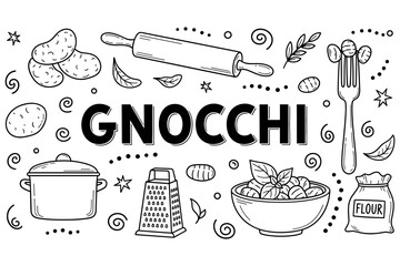 Fototapeta premium Gnocchi ingredients and utensils illustration with potatoes and rolling pin
