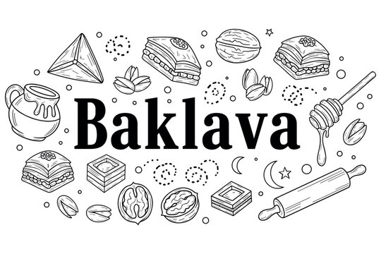 Baklava illustration with honey, walnuts, and pastry elements in black and white