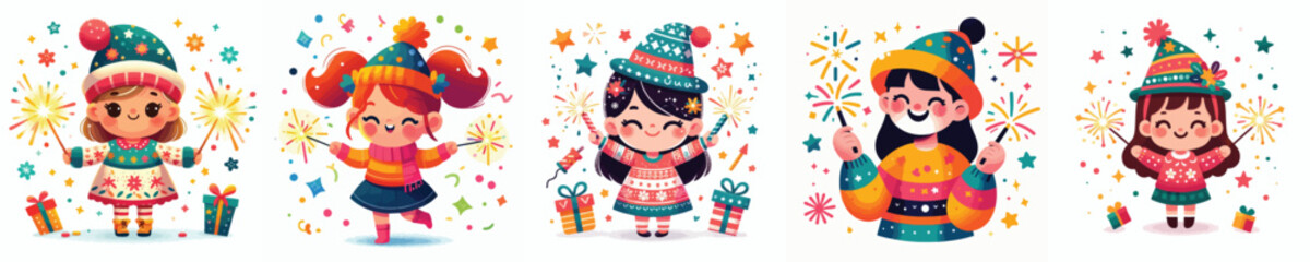 vector little girl playing fireworks new year celebration