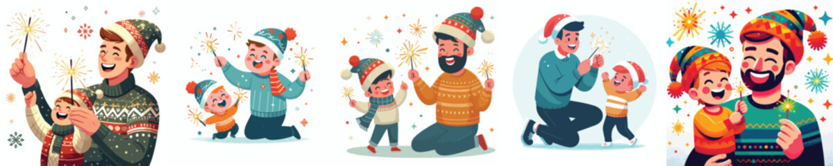 vector father and son playing fireworks new year celebration