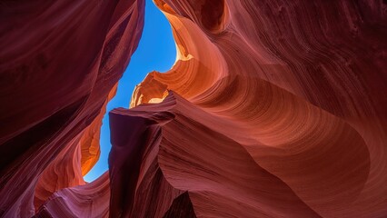 Colorful rock canyon with blue sky visible through the opening. Nature landscape, geological formation, scenic view. The natural rock formations and vibrant colors highlight the beauty of nature.