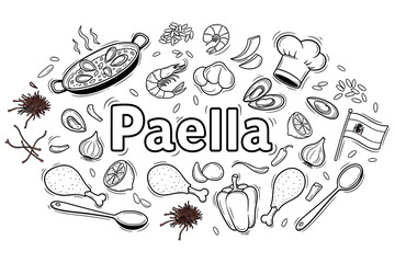 Paella ingredients: spanish dish outline with seafood, chicken, and vegetables