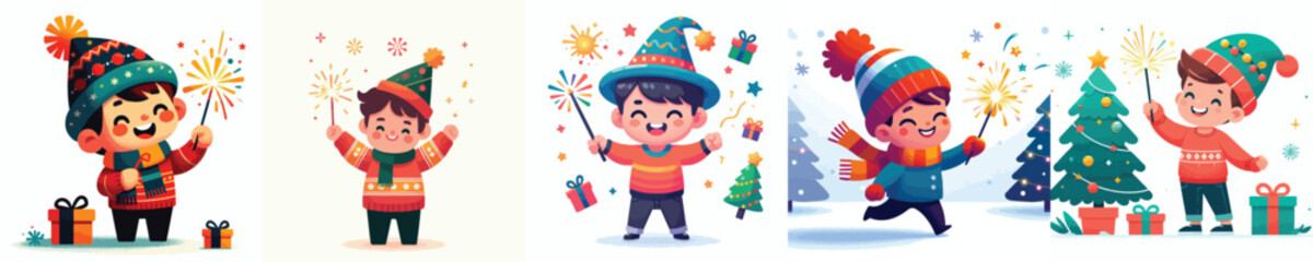 vector little boy playing fireworks new year celebration