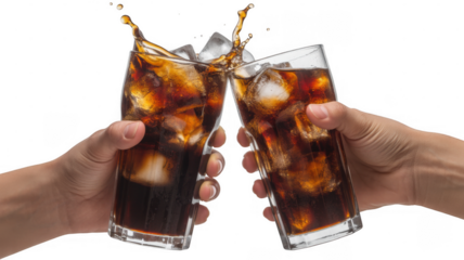Two hands holding glasses of cola with ice and splashing liquid isolated on a transparent background 1