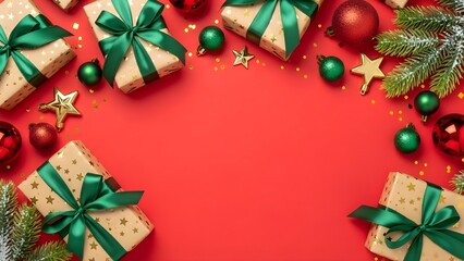 Christmas gifts, ornaments, fir branches, red festive background