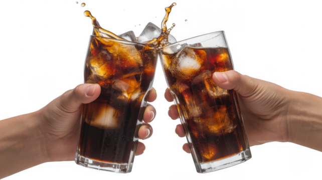 Two hands holding glasses of cola with ice and splashing liquid isolated on a transparent background 1
