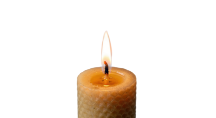 Burning beeswax candle isolated PNG on transparent background, warm light source for relaxation and aromatherapy