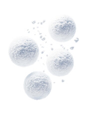 Five spherical snowballs in different sizes mid-air fall on transparent background