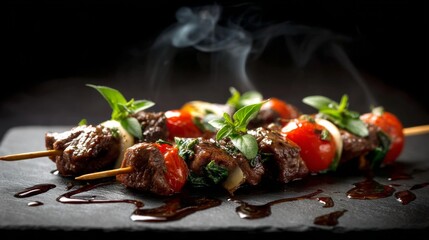 Grilled Beef Skewers with Cherry Tomatoes and Fresh Basil on a Dark Background with Steam Rising in a Rustic Presentation