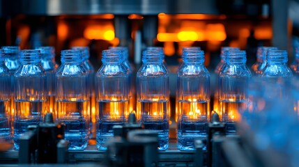 Clear plastic containers move along an industrial bottling line illuminated by warm background light