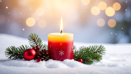 christmas decoration with candle. First 1st Advent candle for Christmas