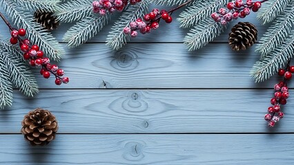 Festive winter christmas border with frosted pine branches red berries and pinecones on rustic wood
