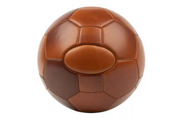 Vintage brown leather soccer ball with stitched panels isolated on a transparent background