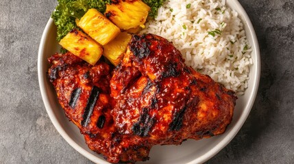 Delicious grilled jerk chicken with rice and pineapple on plate