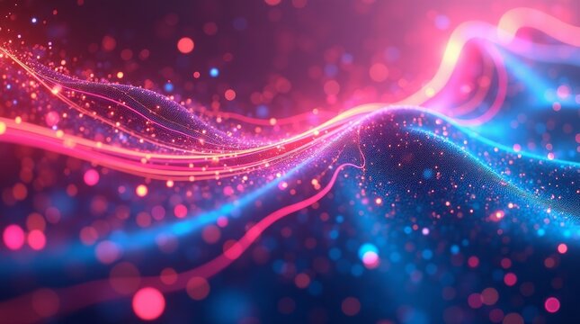 Glowing waves of light and particles abstract background